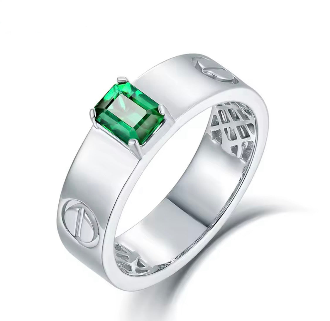 0.85 ct natural emerald unisex ring in solid 14K white gold