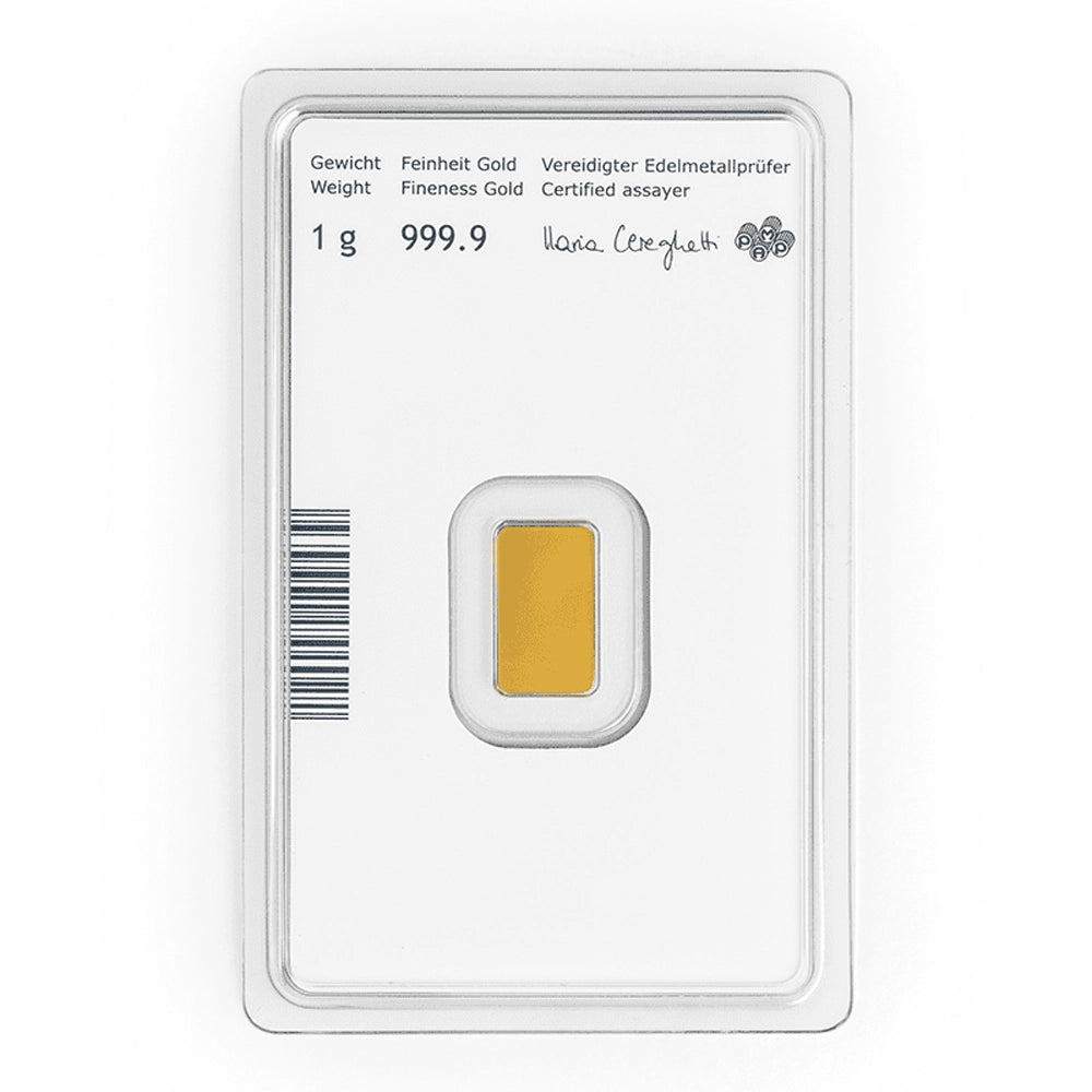 Investment gold bar 1 g Münze Österrech, back side