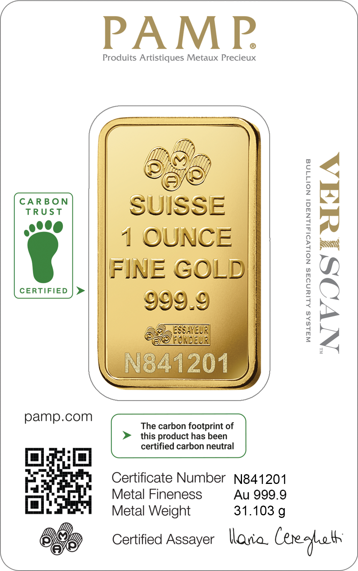 1 oz Gold Minted Bar – PAMP Suisse (Lady Fortuna, Carbon Neutral)
