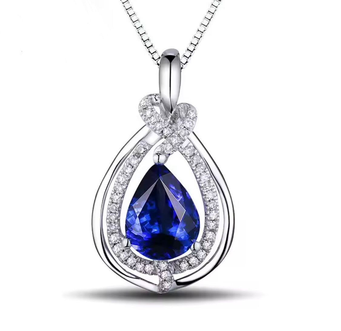 1.37 ct natural pear tanzanite and 0.18 ct diamond pendant in 18K white gold