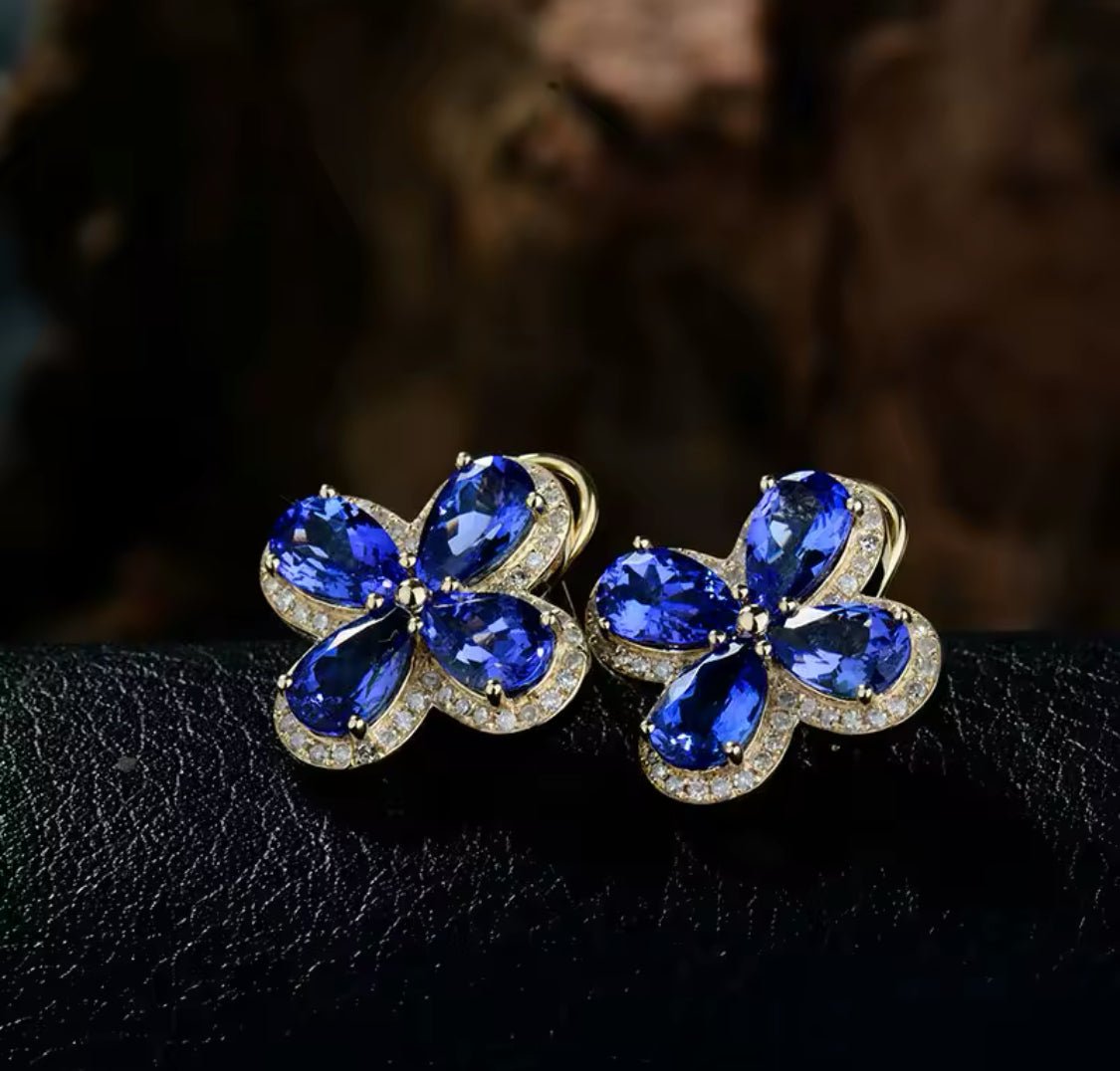 14K Yellow Gold 12.55 ct Tanzanite Earrings with Diamonds