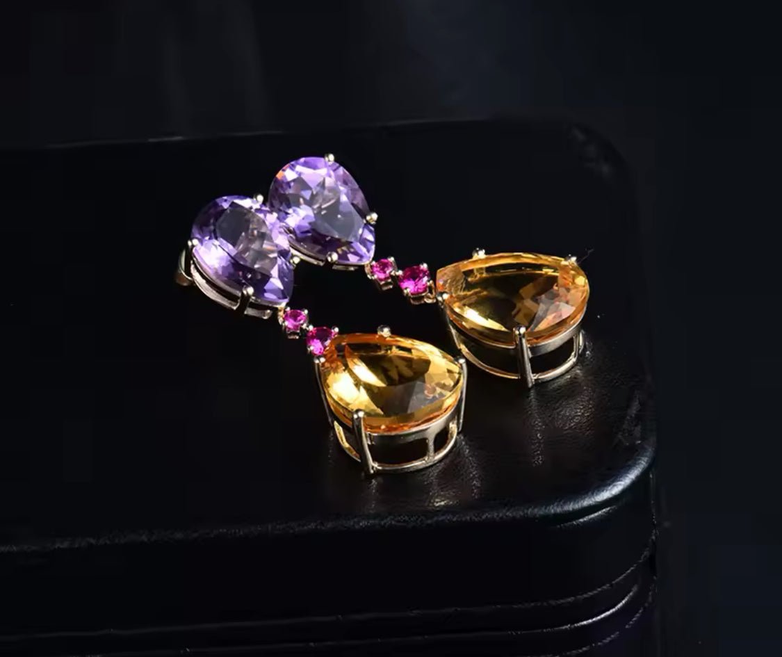 14Kt Gold 28.78 ct Citrine & Amethyst Earrings