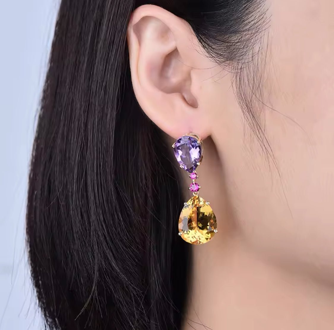 14Kt Gold 28.78 ct Citrine & Amethyst Earrings