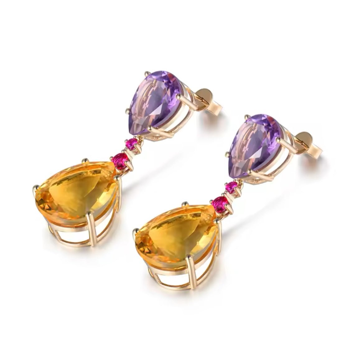 14Kt Gold 28.78 ct Citrine & Amethyst Earrings