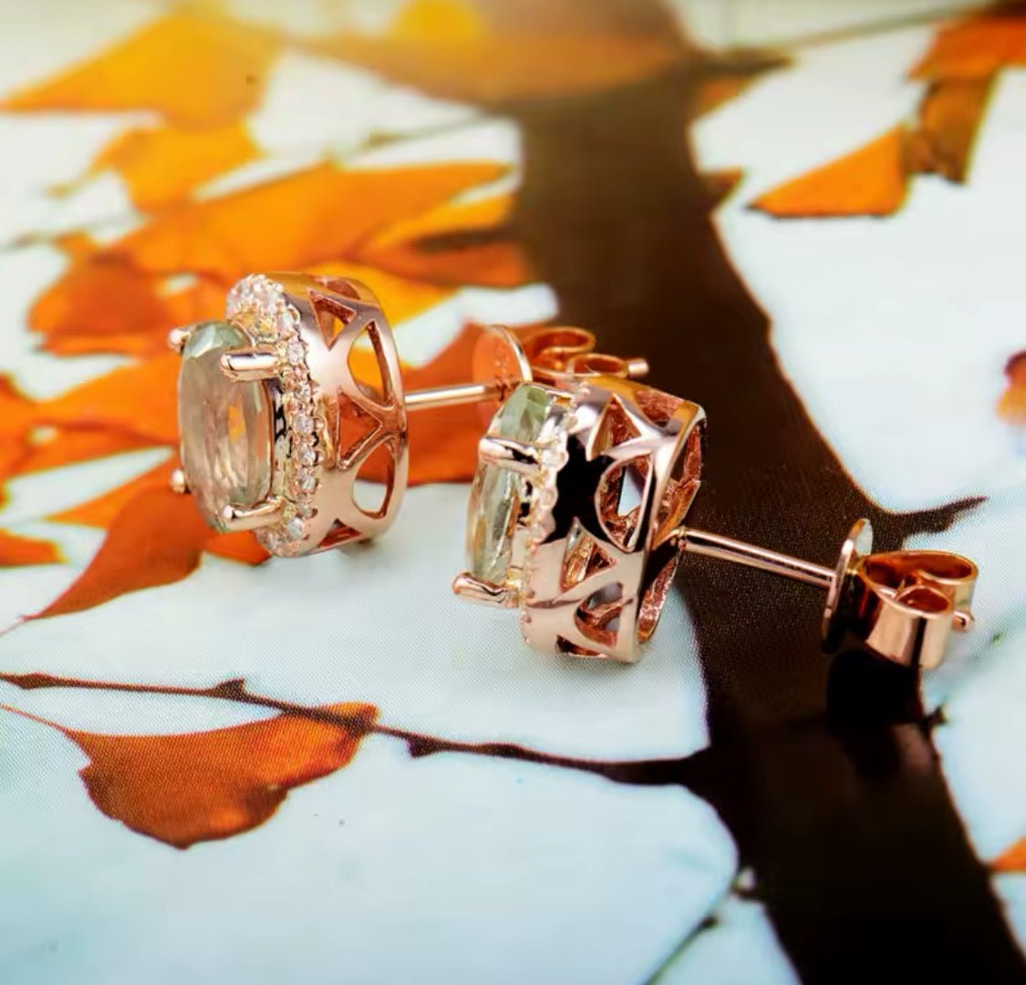 14Kt Rose - Gold Diamond 2.40 ct Green Amethyst Earrings