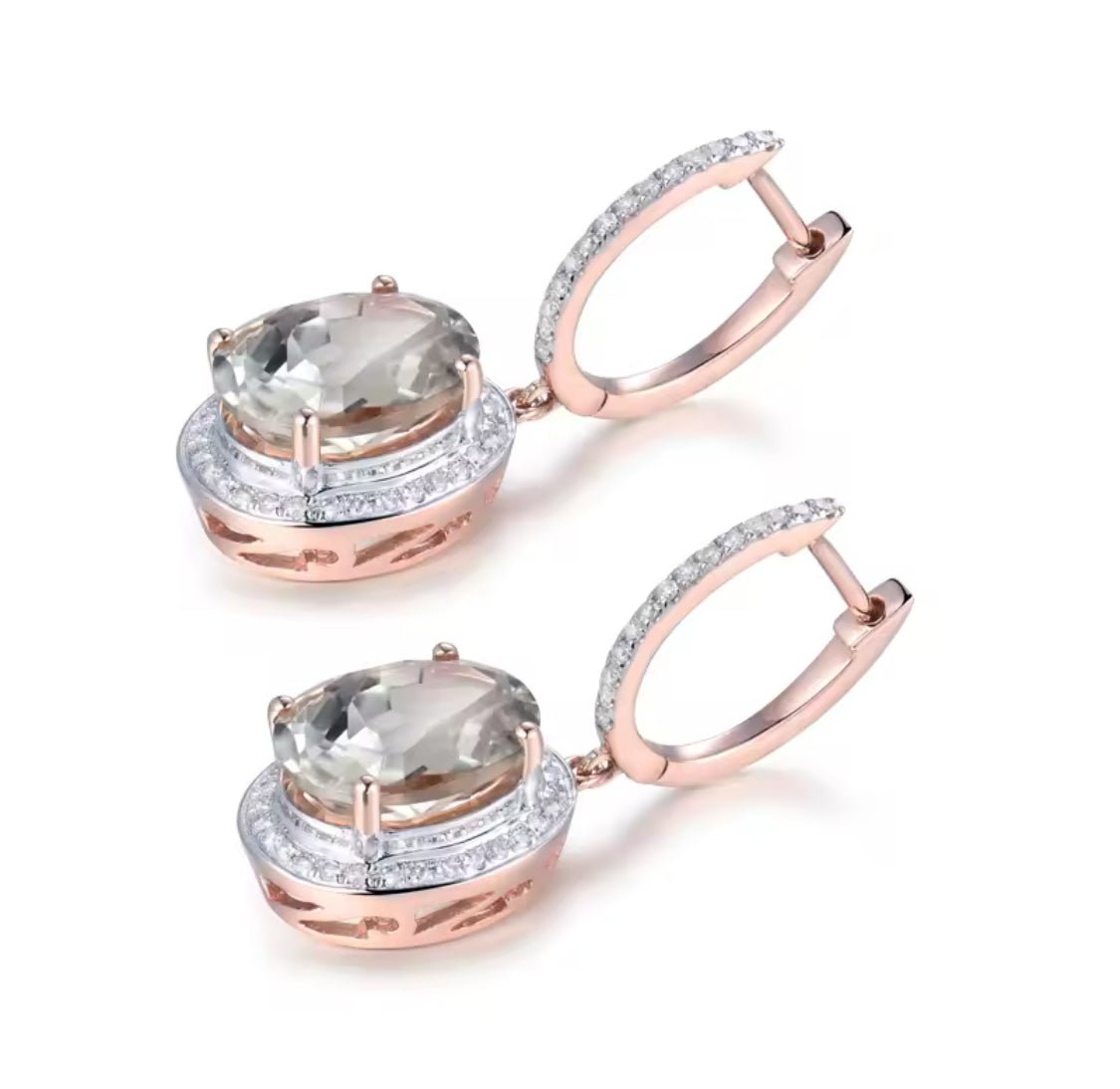 14Kt Rose - Gold Diamond 6.80 ct Green Amethyst Earrings