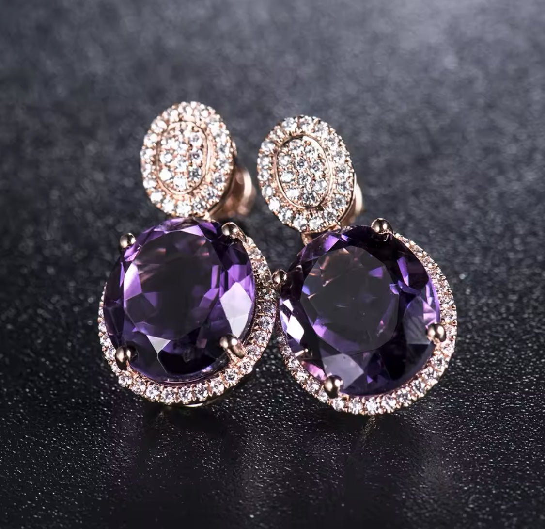 14Kt Rose - Gold Diamond 9.06 ct Amethyst Earrings