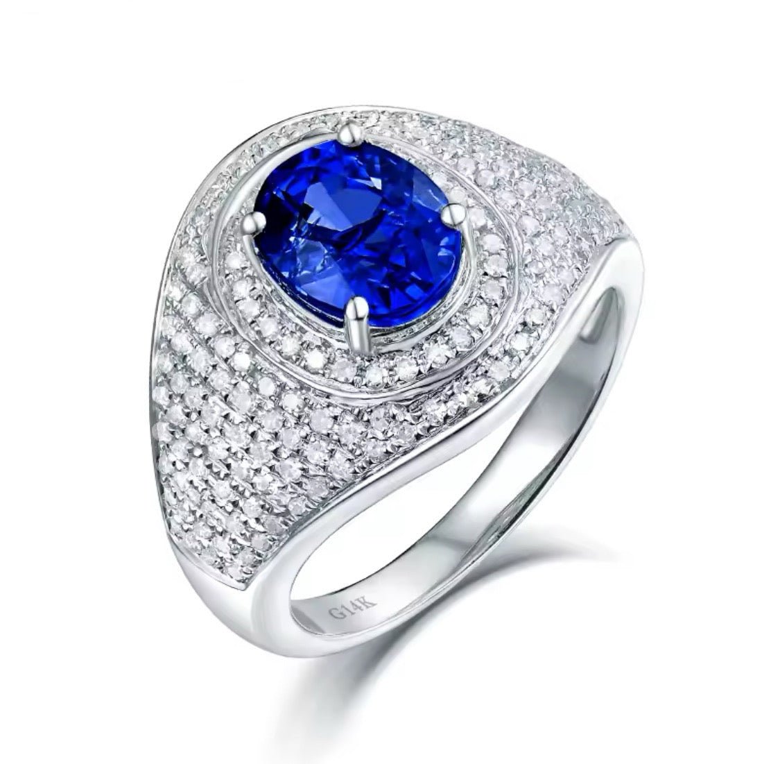 14Kt White Gold 2.60 ct Sapphire Ring with Natural Diamonds (Unisex)