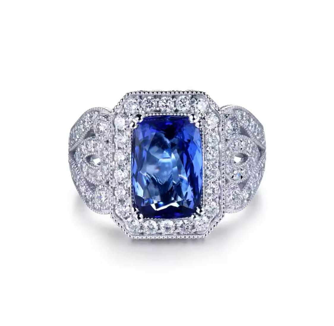 14Kt White Gold 3.55 Tanzanite Ring with Diamonds (Unisex)