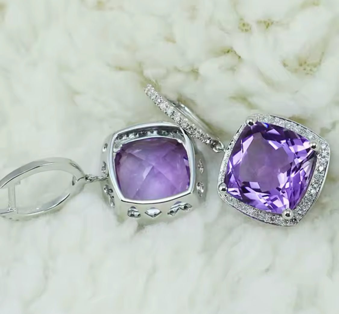 14Kt White - Gold Diamond 11.80 ct Amethyst Earrings
