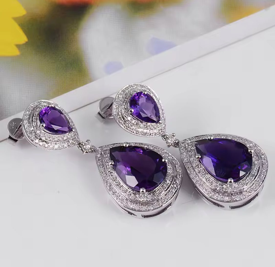 14Kt White - Gold Diamond 16.09 ct Amethyst Earrings