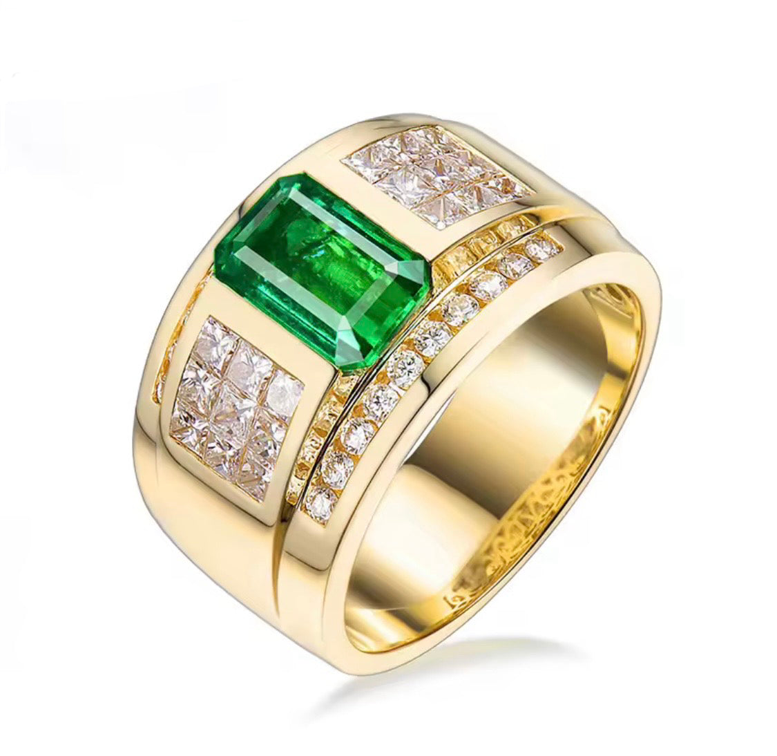 1.88 ct natural emerald and 1.45 ct diamond unisex ring in 14K yellow gold
