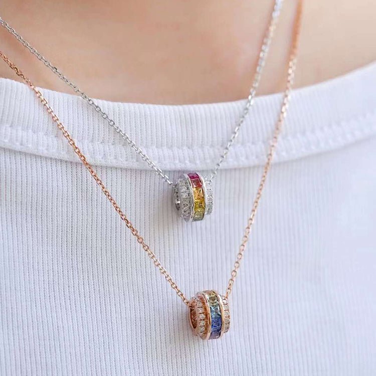 18K Gold Circular Pendant with Multi - Color Princess - Cut Sapphires & Diamond Accents (Yellow or White Gold)