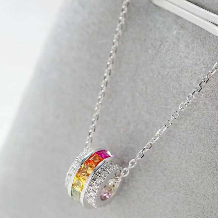 18K Gold Circular Pendant with Multi - Color Princess - Cut Sapphires & Diamond Accents (Yellow or White Gold)