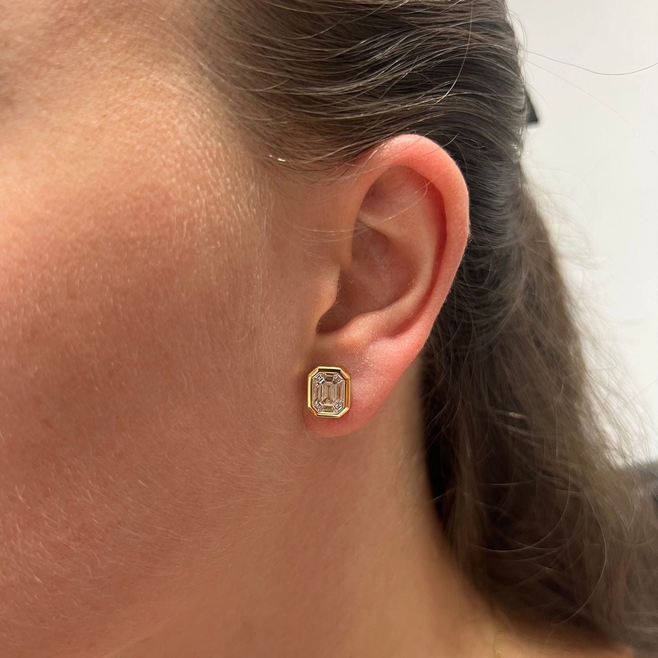 18K Yellow Gold Diamond Stud Earrings – 1.10 ct, Emerald Illusion Cut