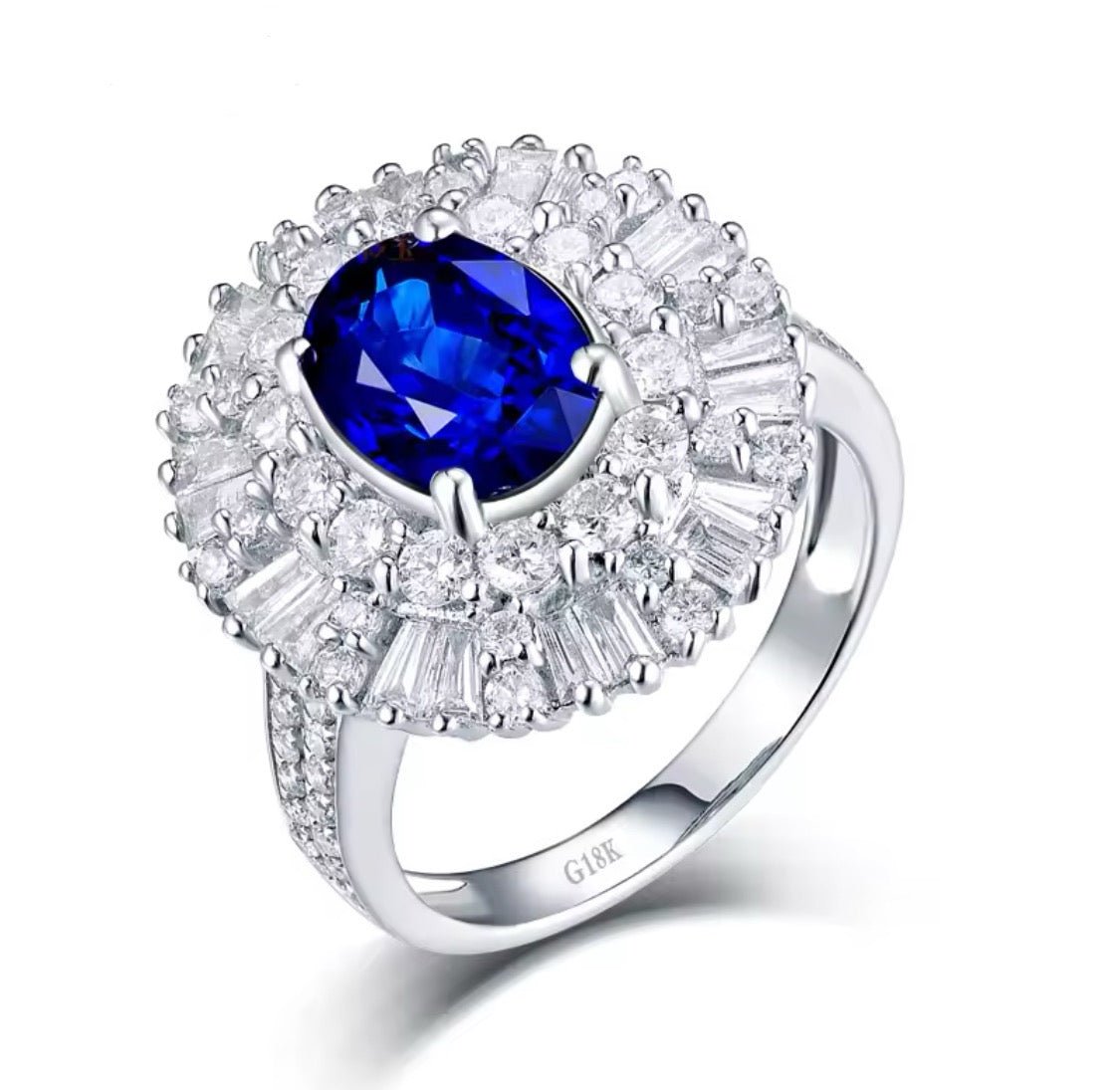 18Kt White Gold 2.50 ct Sapphire Ring with Natural Diamonds (Unisex)