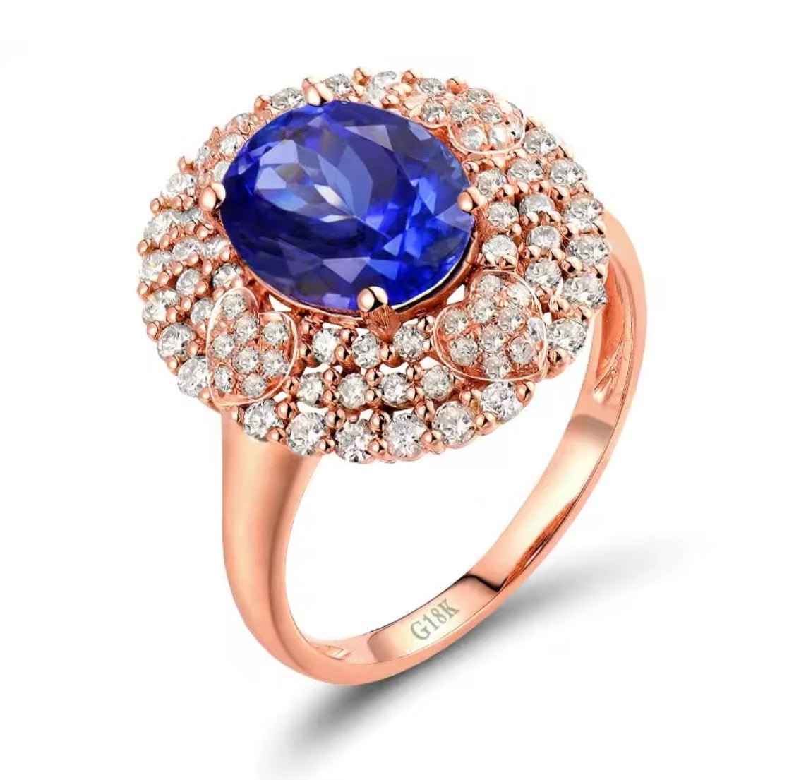 2.09 ct natural tanzanite and 0.71 ct diamond ring in 18K rose gold