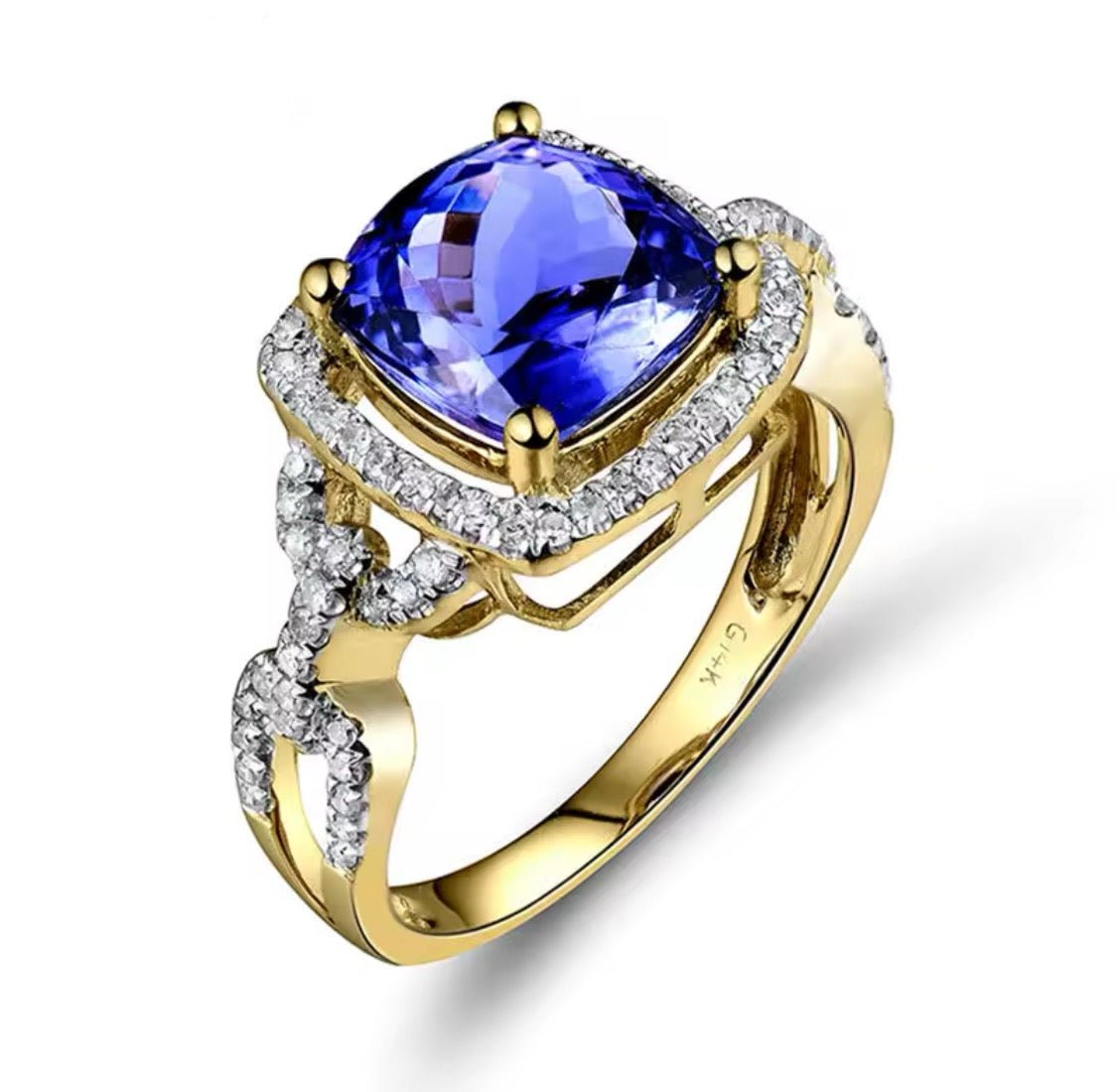 2.50 ct natural tanzanite and 0.38 ct diamond unisex ring in 14K yellow gold