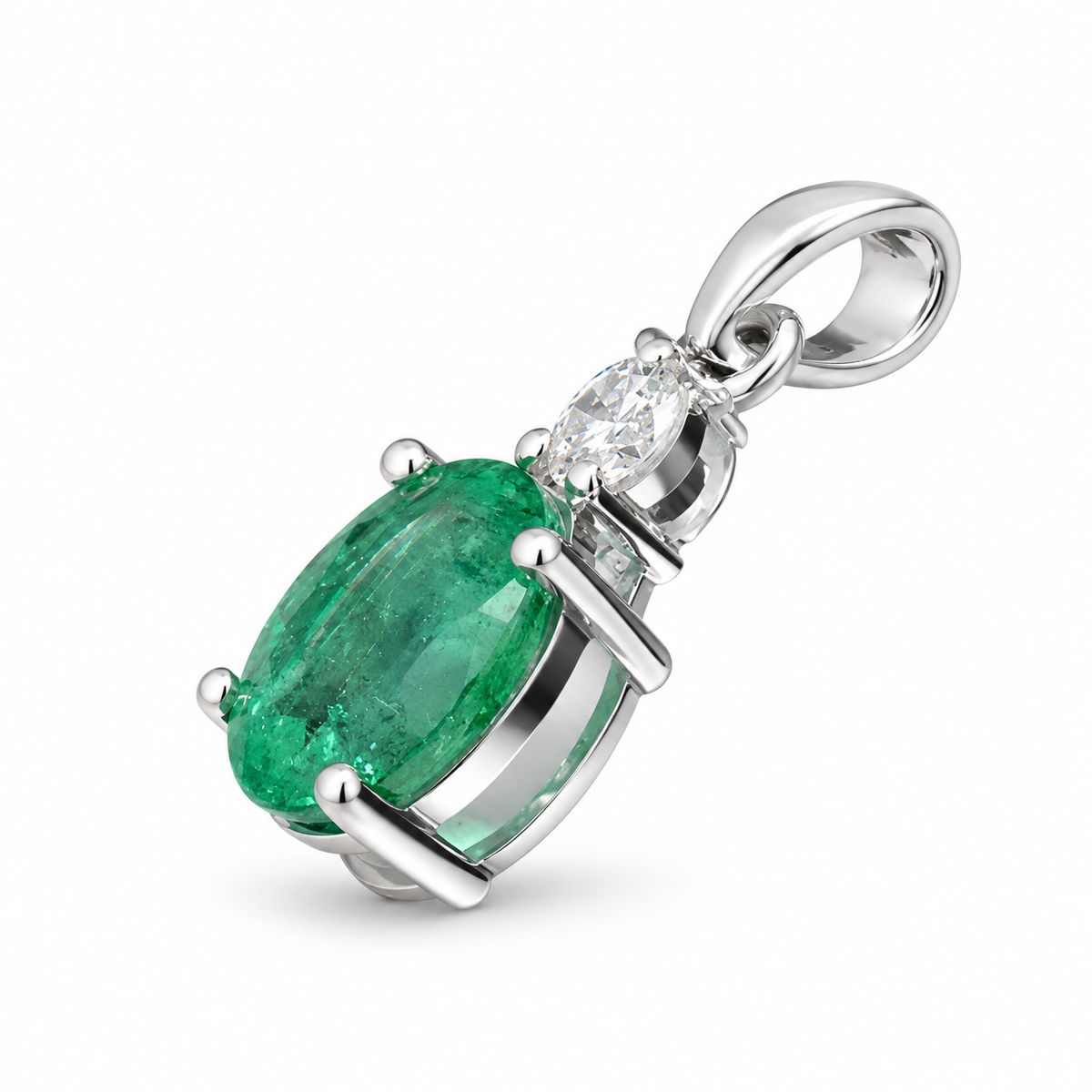 18K White Gold 1.14 ct Emerald Pendant with Natural Diamond