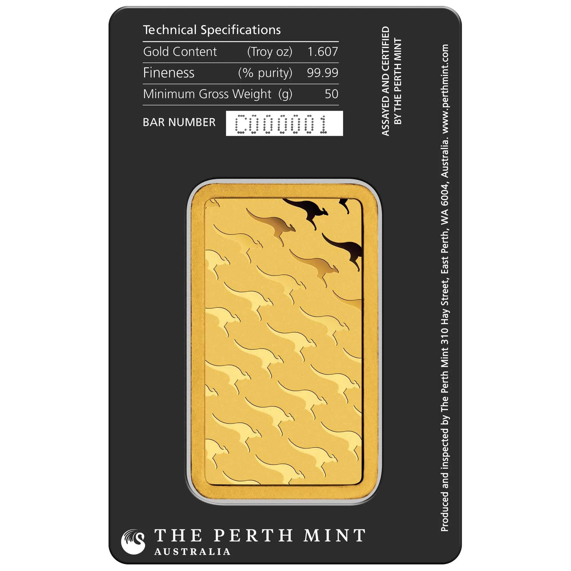Investment Gold bar 50 g Perth Mint, back side