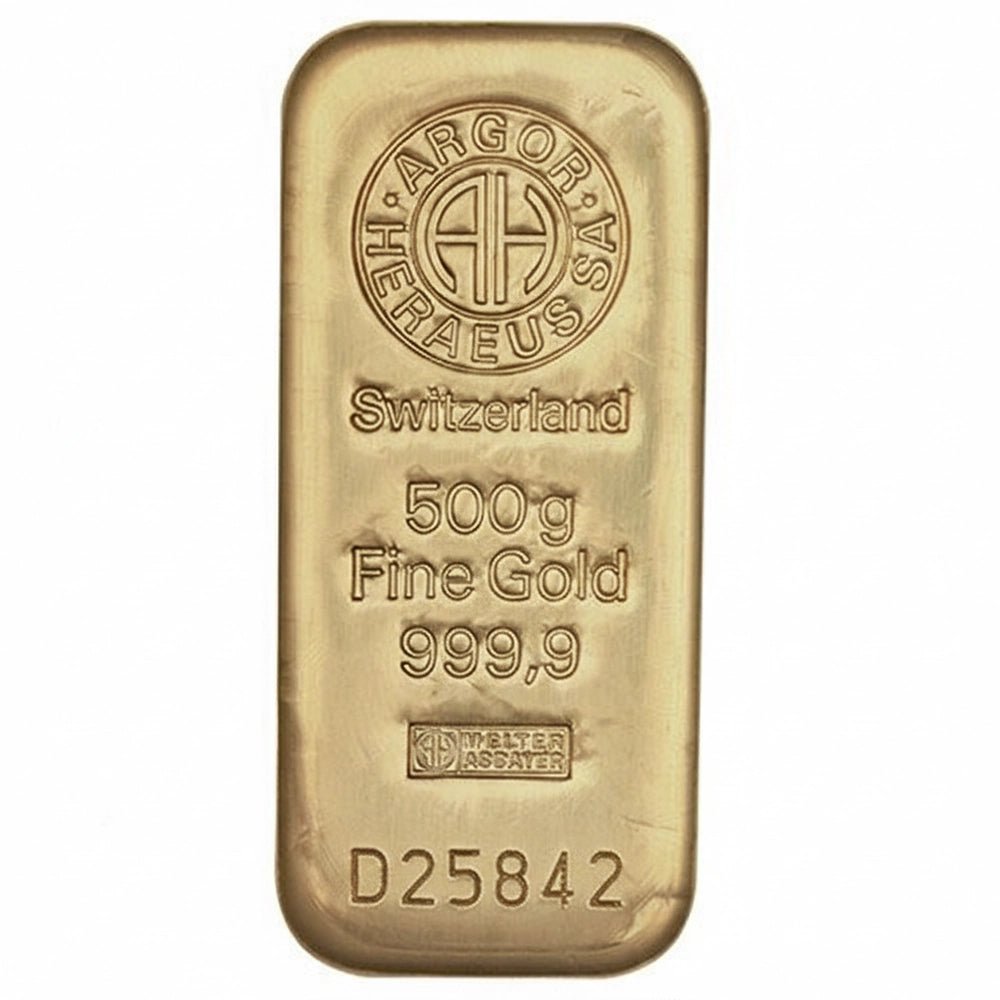 500 g Investiční zlatý slitek – Argor Heraeus, přední strana