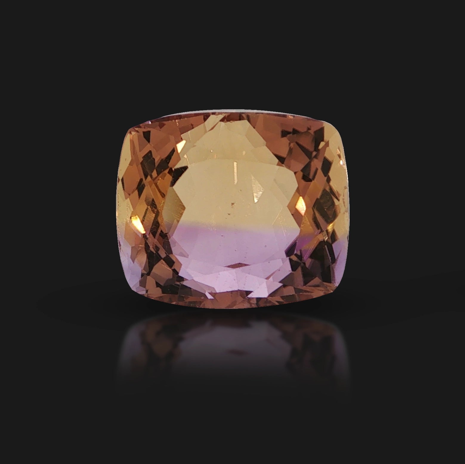 Natural ametrine quartz, 13.20 carats, cushion cut, transparent clarity, violetish purple and orangy yellow, ČGL certified
