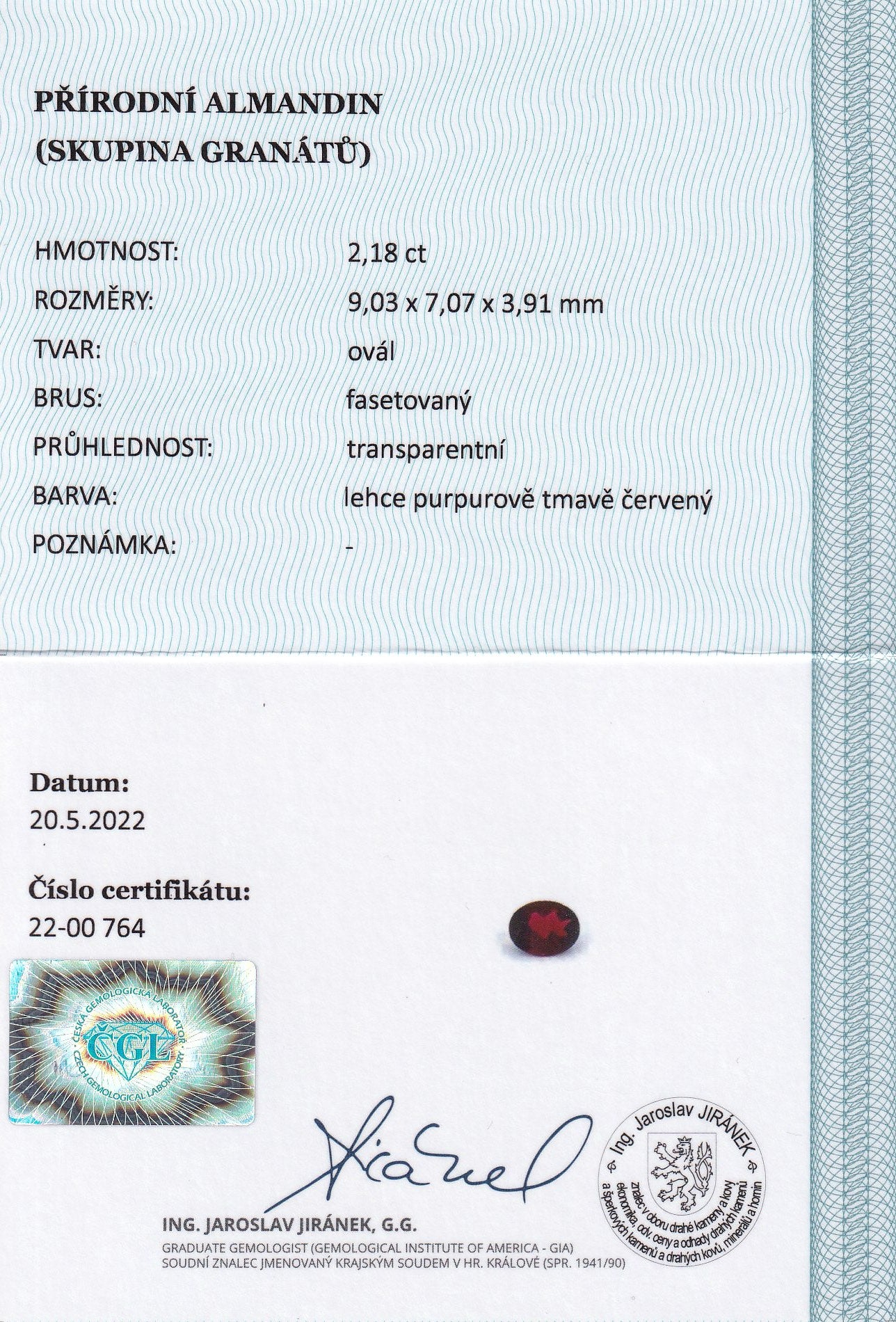Natural almandine garnet, 2.18 carats, oval cut, IF clarity, untreated, purple-dark red, ČGL certified