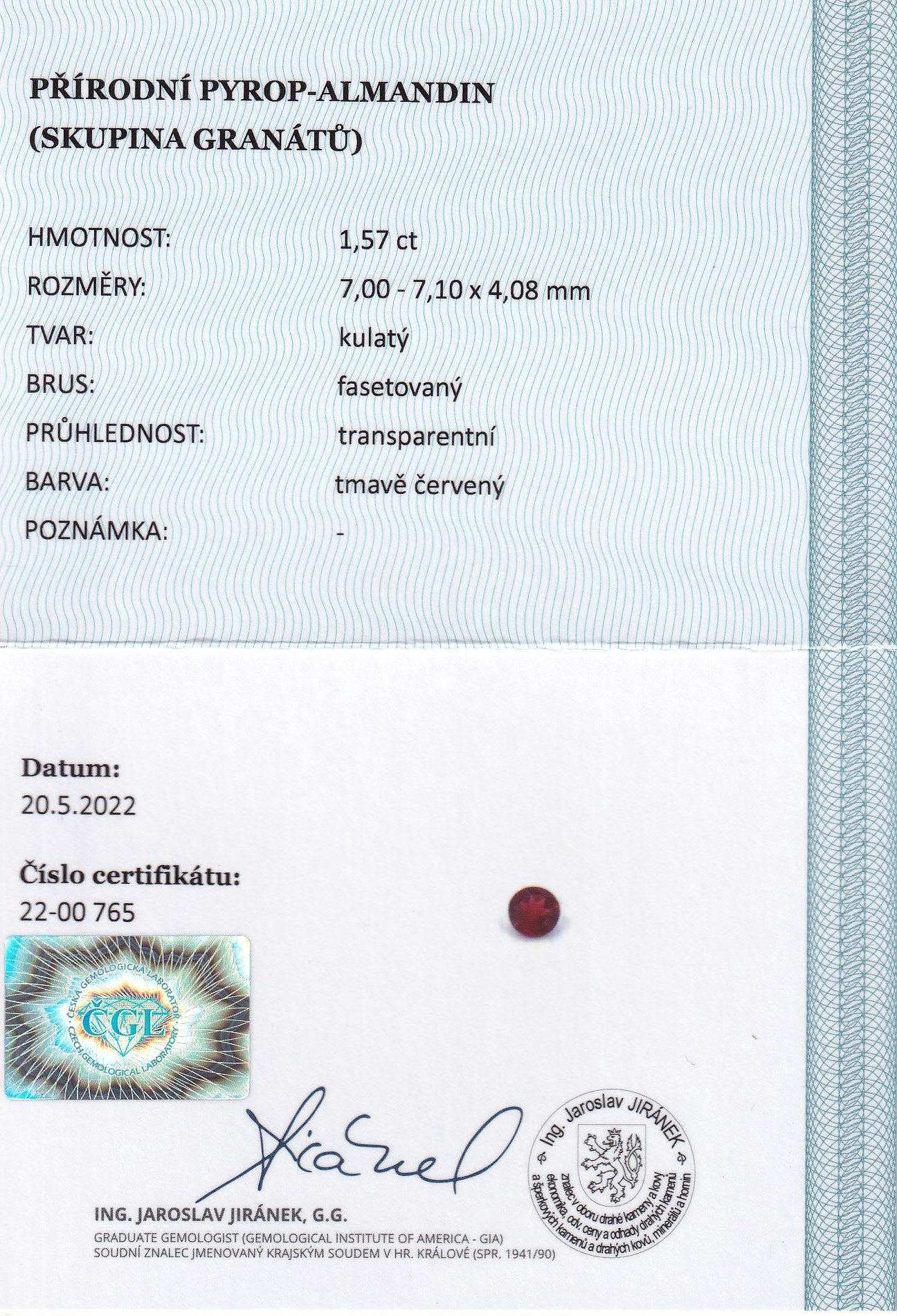 Natural Almandine Garnet 1.57 ct – Round Cut, Untreated, Certified