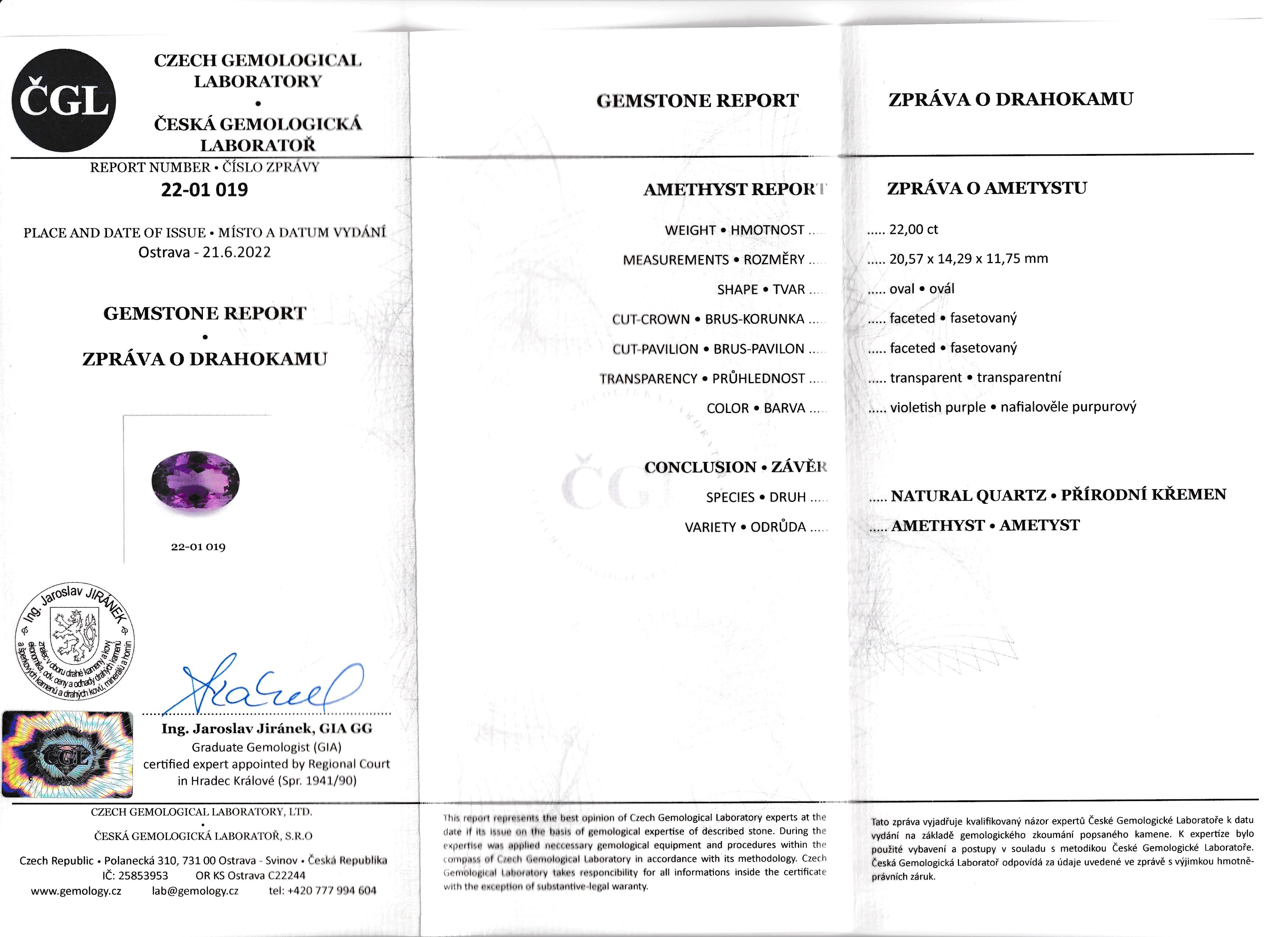 Natural amethyst, 22.00 carats, oval cut, clarity: eye clean, violetish purple color, 20.57 × 14.29 × 11.75 mm, ČGL certified