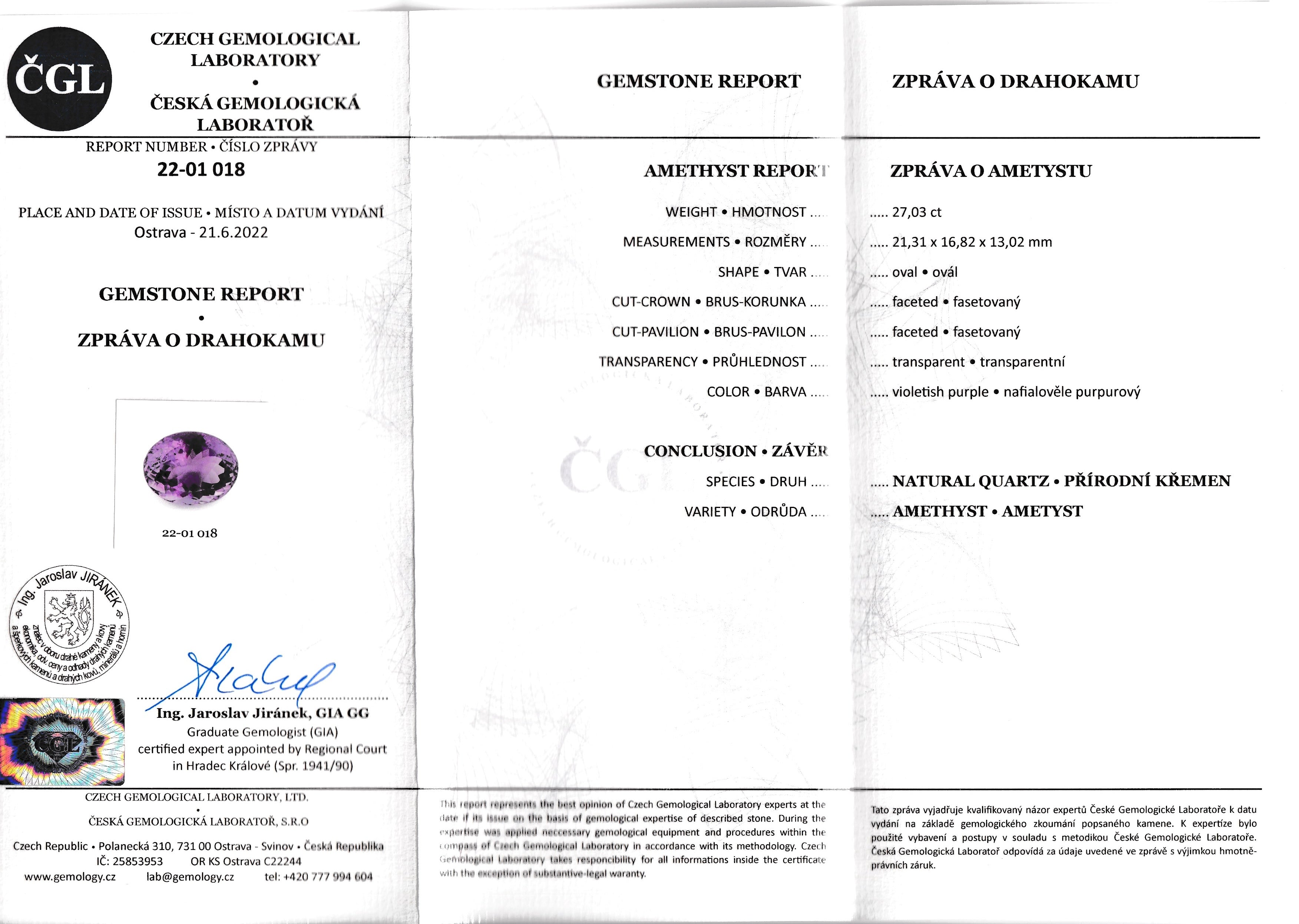 Natural amethyst, 27.03 carats, oval cut, clarity: eye clean, violetish purple color, 21.31 × 16.82 × 13.02 mm, ČGL certified