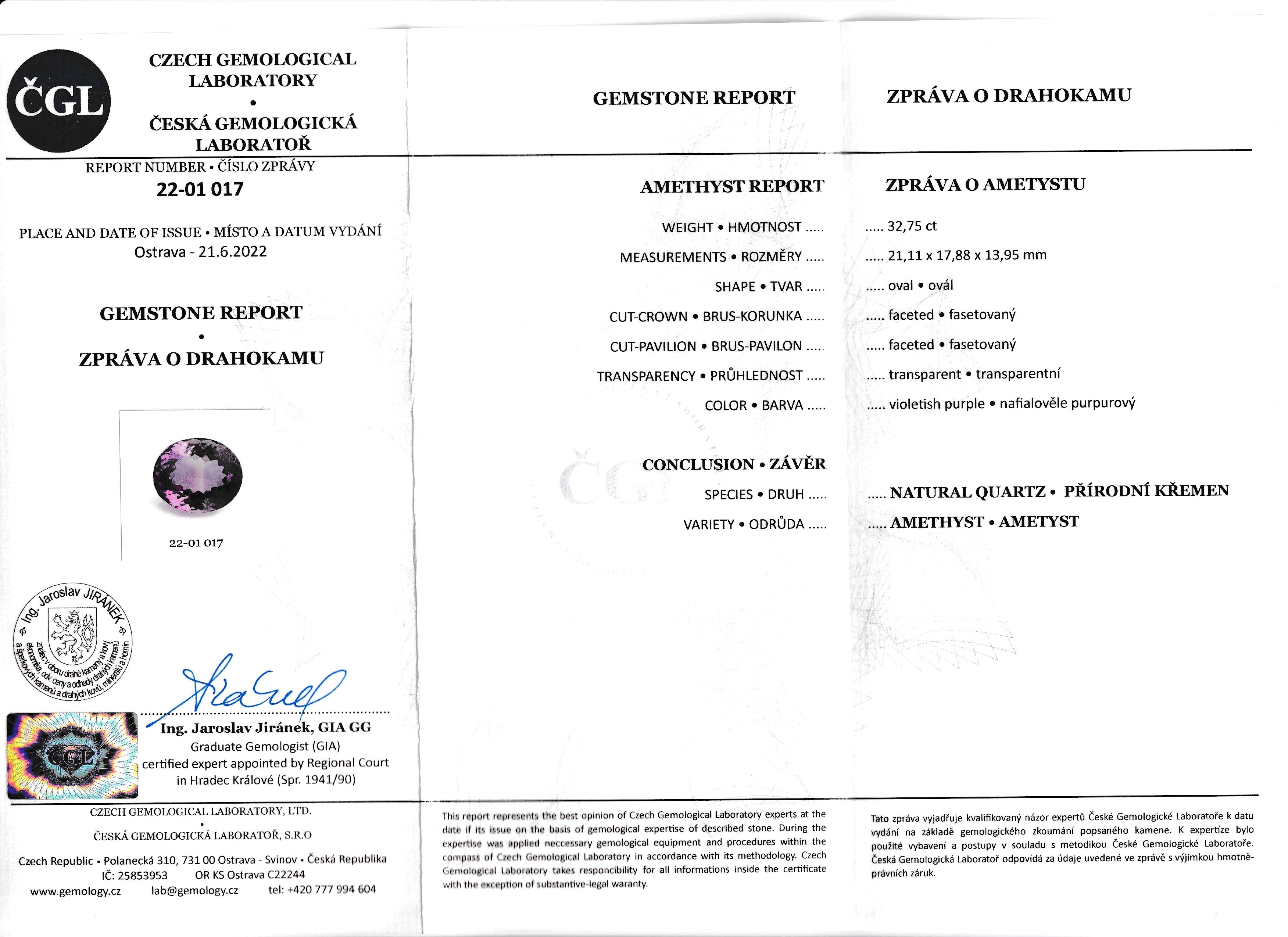 Natural amethyst, 32.75 carats, oval cut, clarity: eye clean, violetish purple color, 21.11 × 17.88 × 13.95 mm, ČGL certified