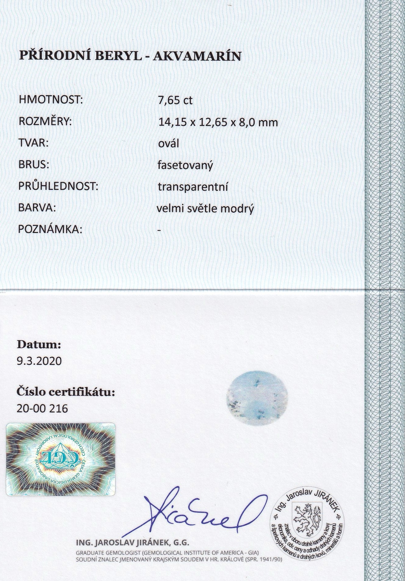 Natural aquamarine, 7.65 carats, oval cut, IF clarity, untreated, very light blue