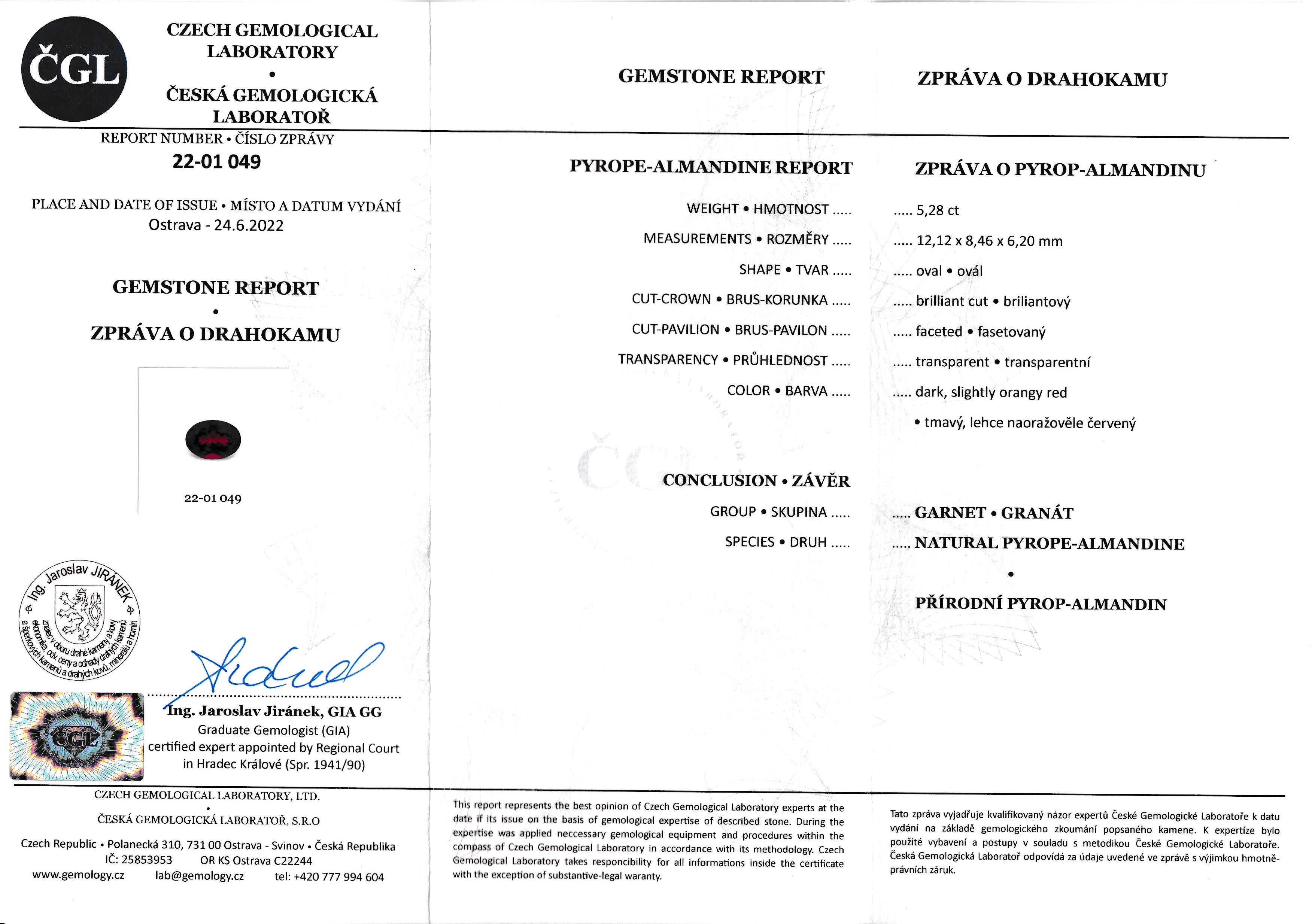 Přírodní almandinový granát 5,28 ct – Ovál Brus, Neupravený, Certifikováno ČGL