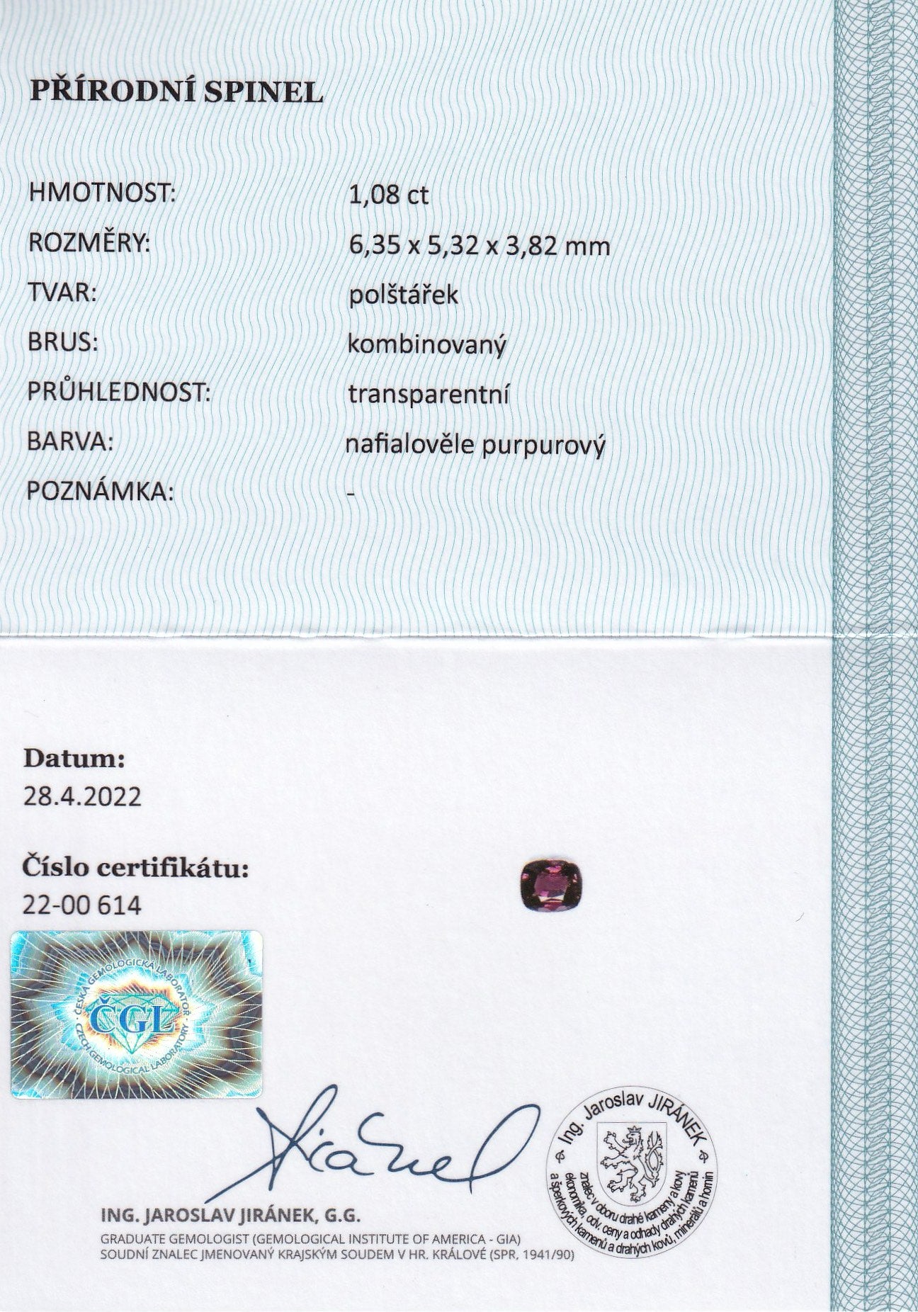 Natural spinel, 1.08 carats, cushion cut, eye-clean clarity, transparent, purplish-violet color, untreated, CGL certified.