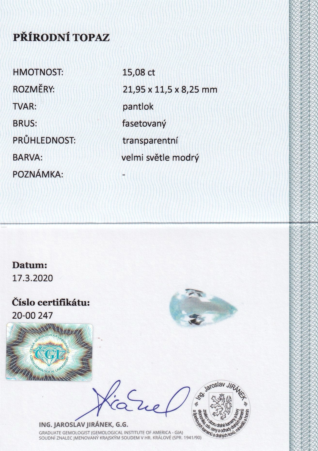 Natural Sky Blue Topaz 15.08 ct – Pear Cut, ČGL Certified