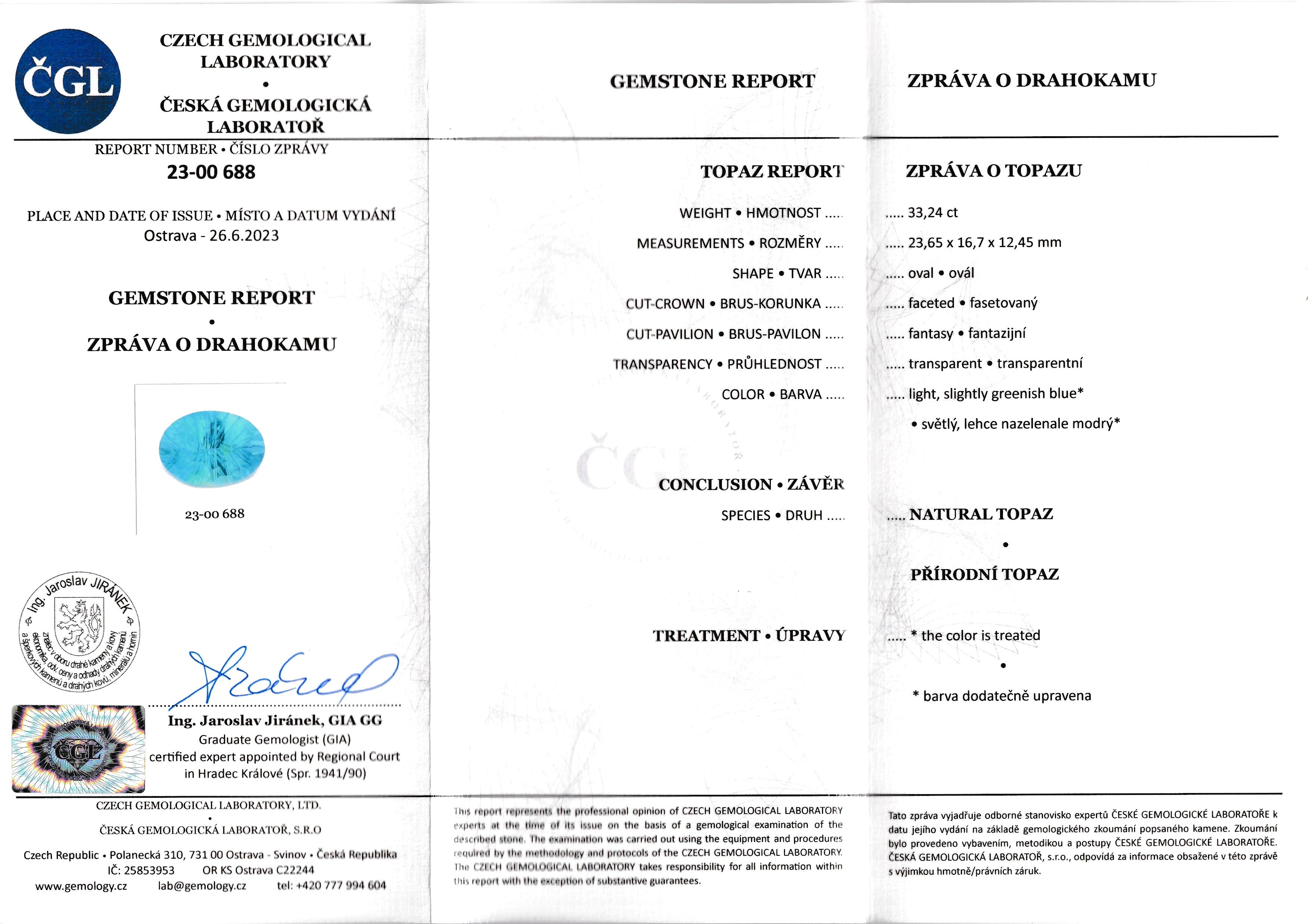 Natural Swiss Blue Topaz 33.24 ct – Oval Cut, Irradiated