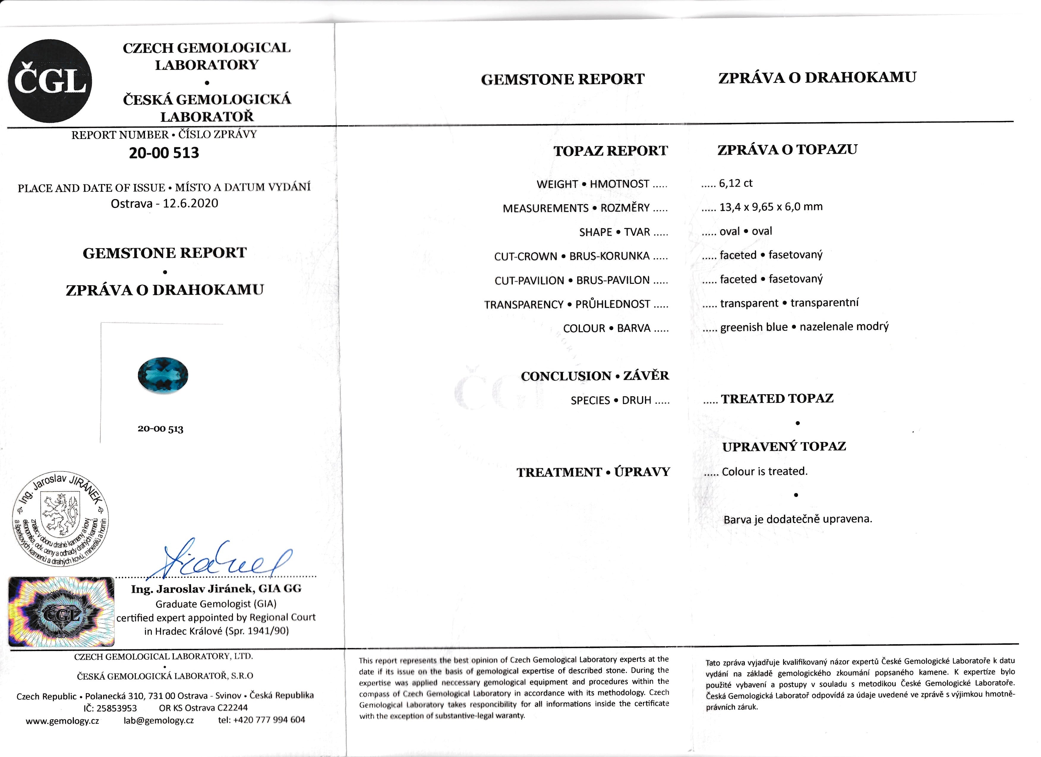 London Blue topaz, 6.12 carats, oval cut, eye clean clarity, greenish blue color, ČGL certified