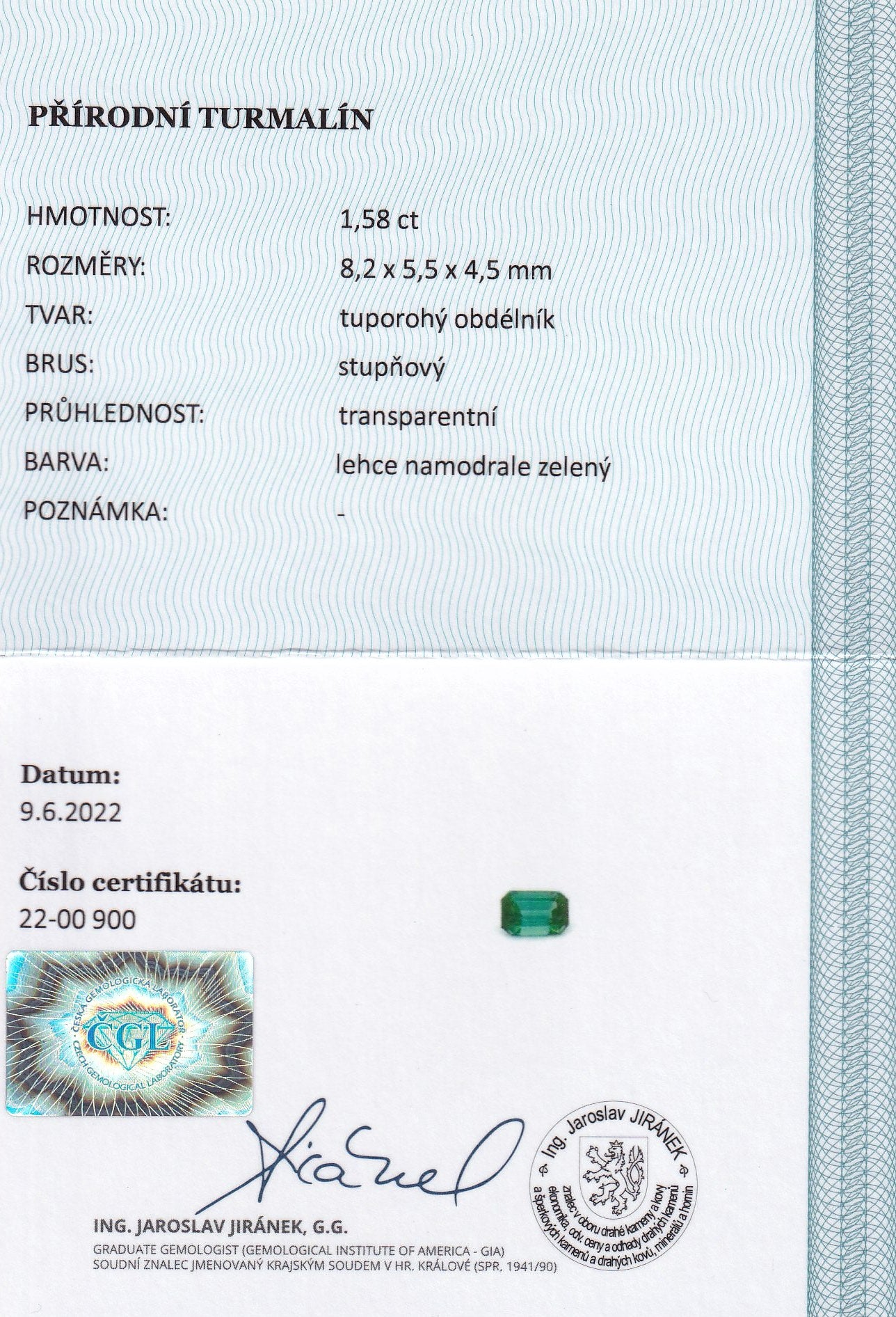 Natural green tourmaline, 1.58 carats, emerald cut, eye-clean clarity, transparent, slightly bluish-green color, untreated, CGL certified.