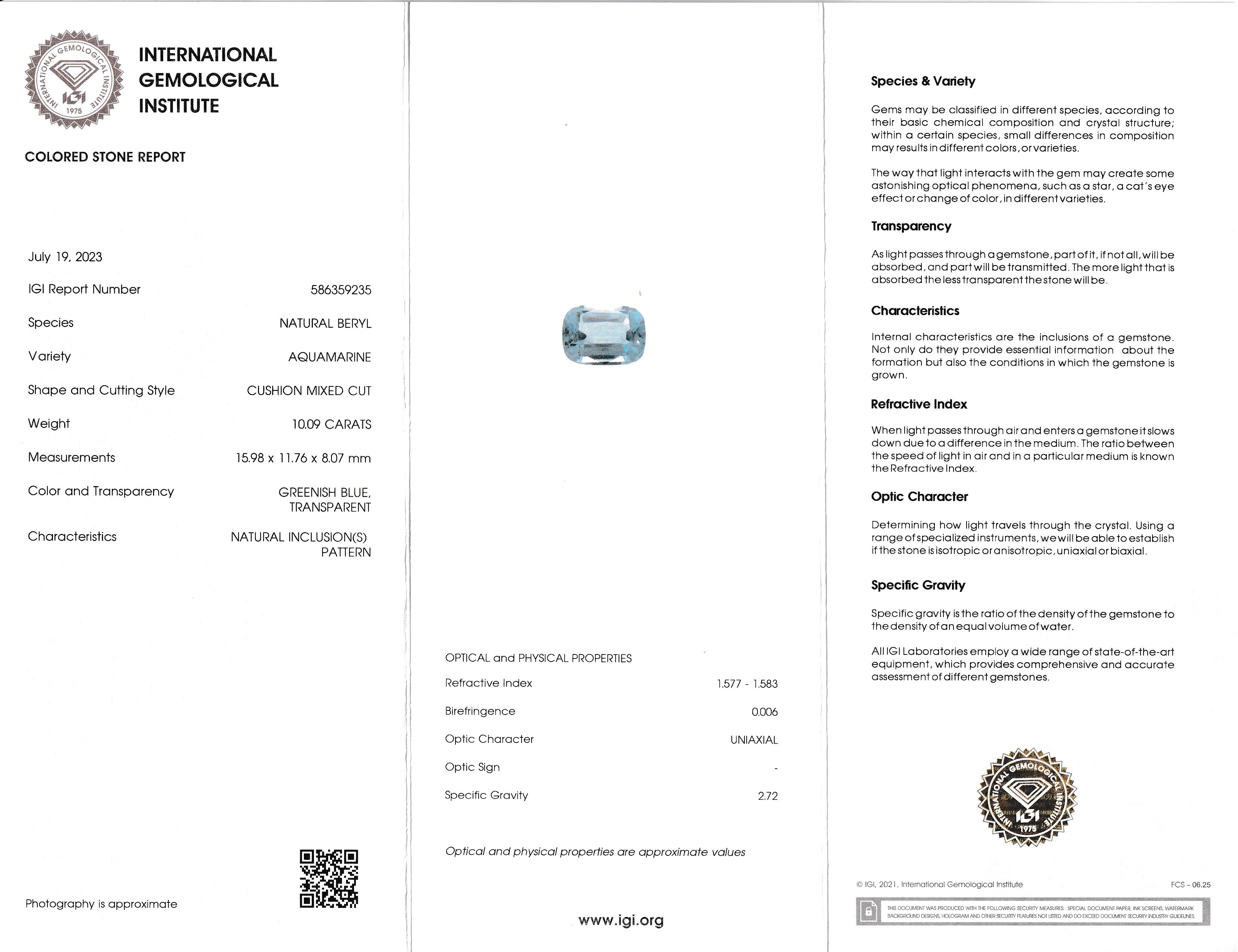 Natural aquamarine, 10.09 carats, roundish oval cut, untreated, vivid blue, igi certificate