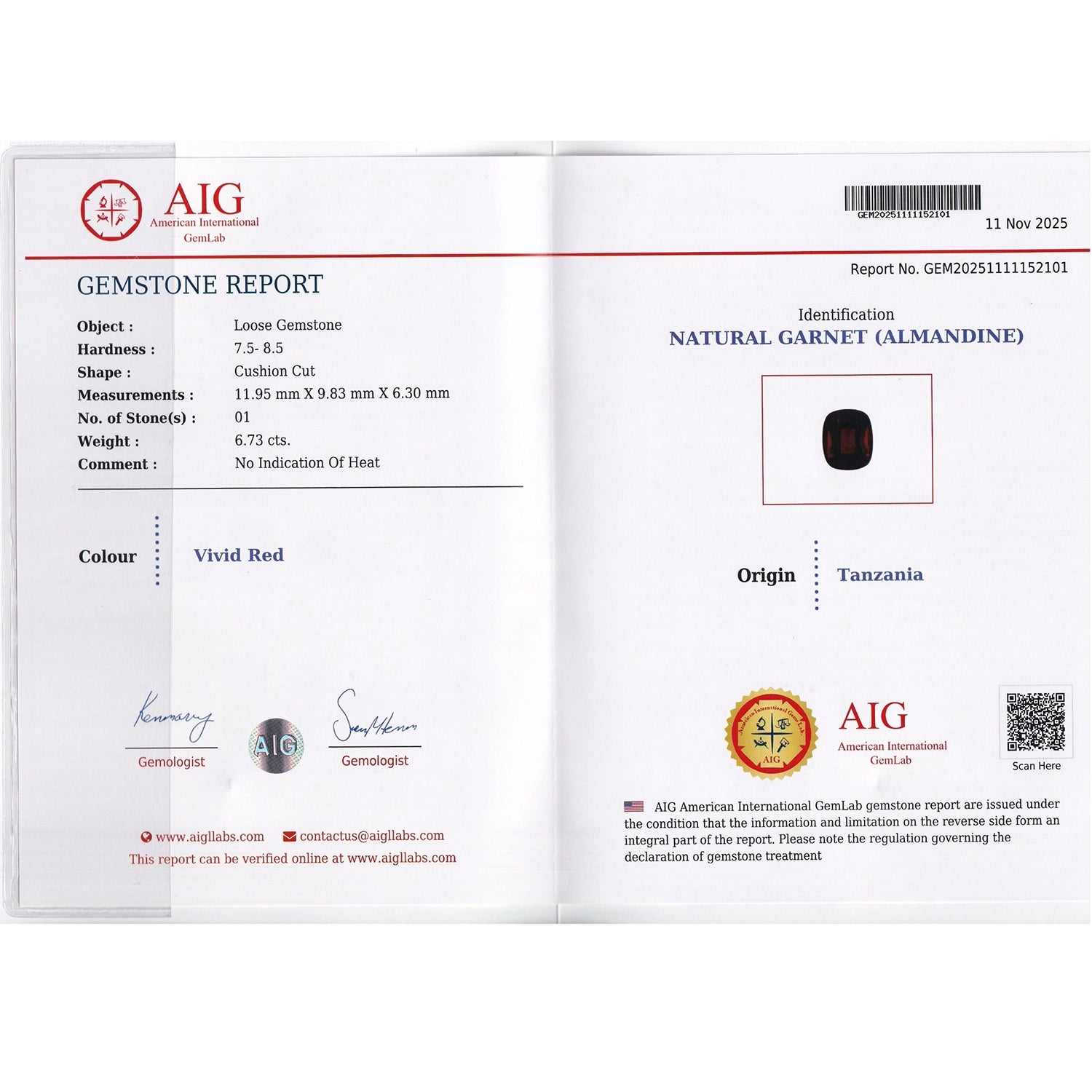 Natural Almandine Garnet 6.73 ct – Cushion Cut, Untreated, AIG Certified