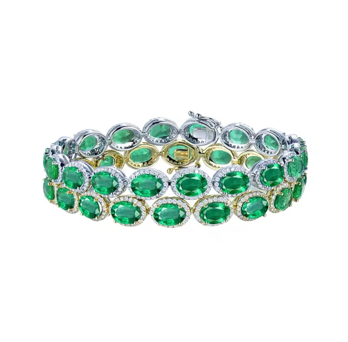 18Kt White & Yellow Gold 27.06 ct Emerald Double Layer Bracelet with Natural Diamonds 3.65 ct