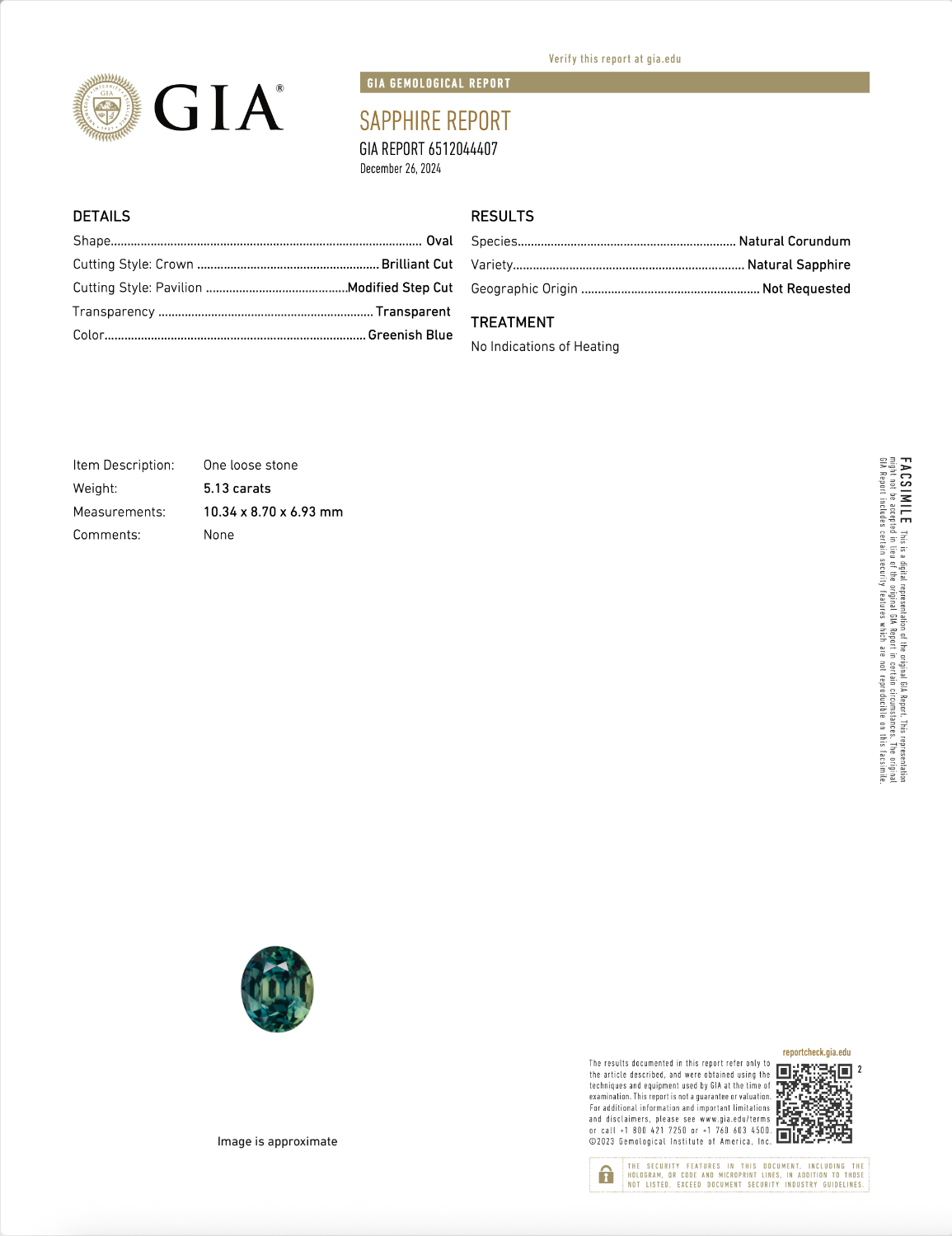 Natural sapphire, 5.13 carats, oval cut, VVS clarity, unheated, greenish blue, GIA certificate