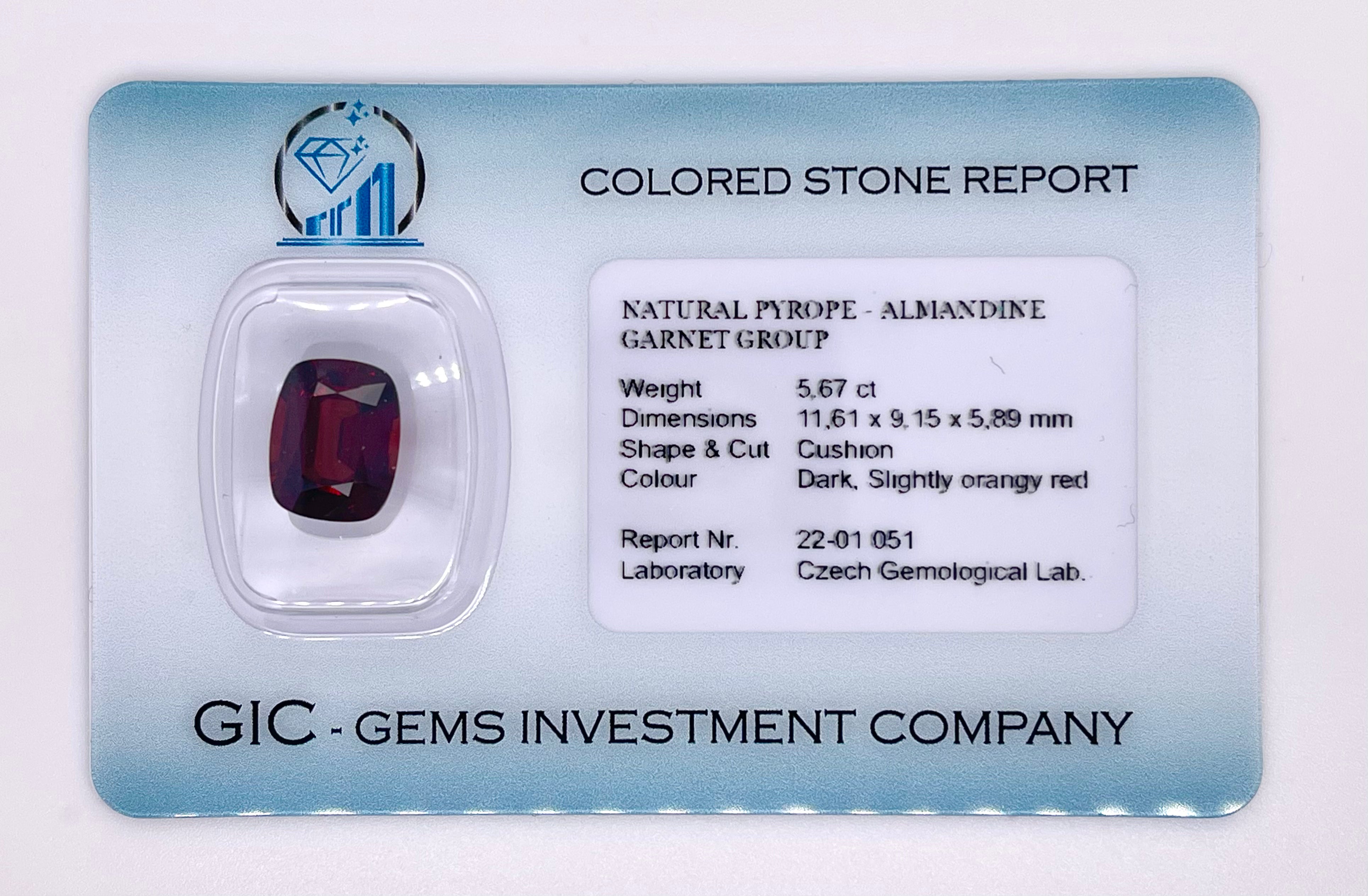Natural almandine garnet, 5.67 carats, cushion cut, VVS clarity, untreated, dark orangy-red, ČGL certified
