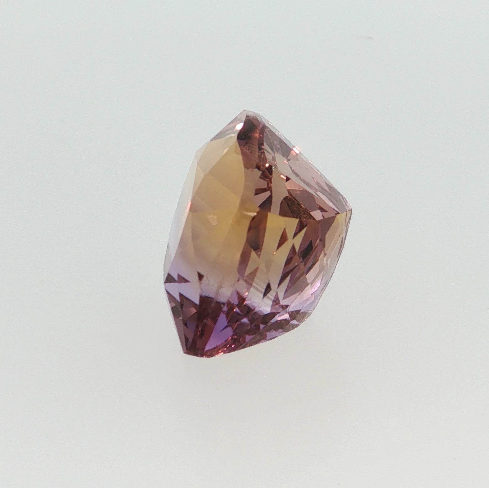 Natural ametrine quartz, 13.20 carats, cushion cut, transparent clarity, violetish purple and orangy yellow, ČGL certified