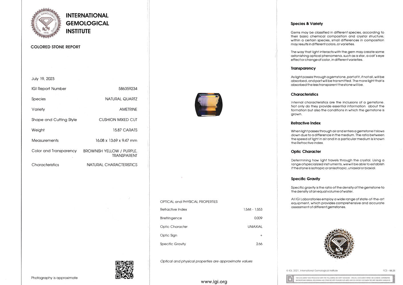 Ametrine 15.87 ct – IGI certificate