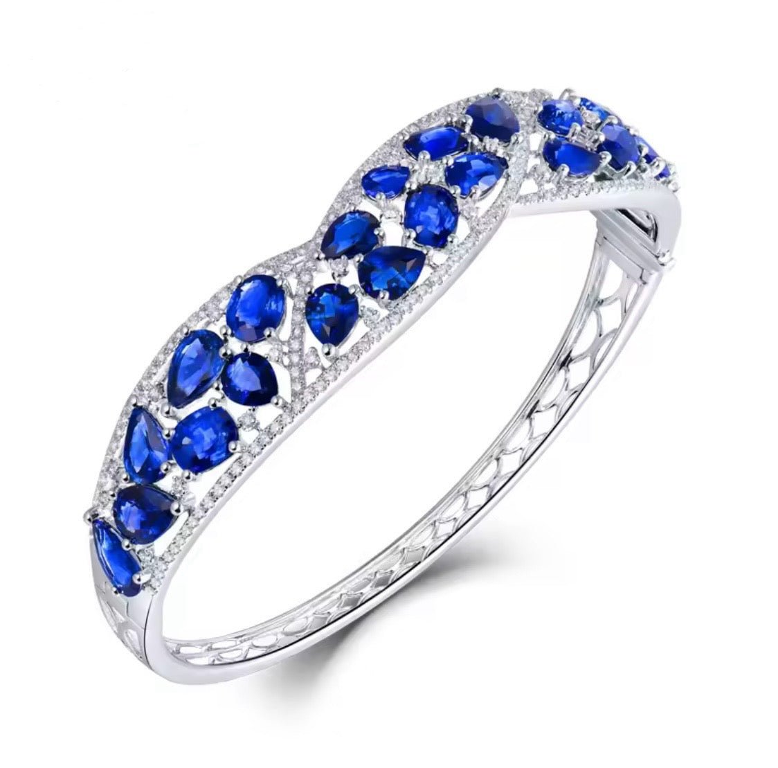 Blue Sapphire & Diamond Bangle – 18K White Gold, 14.64 g