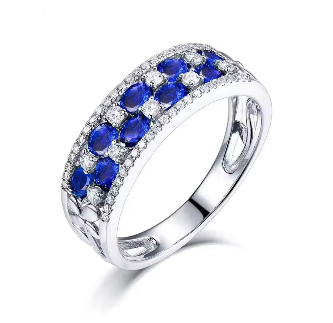 14K white gold blue sapphire diamond ring, 1.88 carat natural untreated sapphires, oval cut, SI diamond accents, luxury unisex jewelry