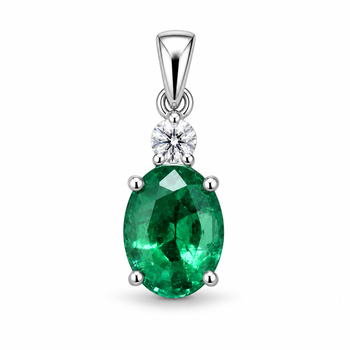 18K White Gold 1.14 ct Emerald Pendant with Natural Diamond