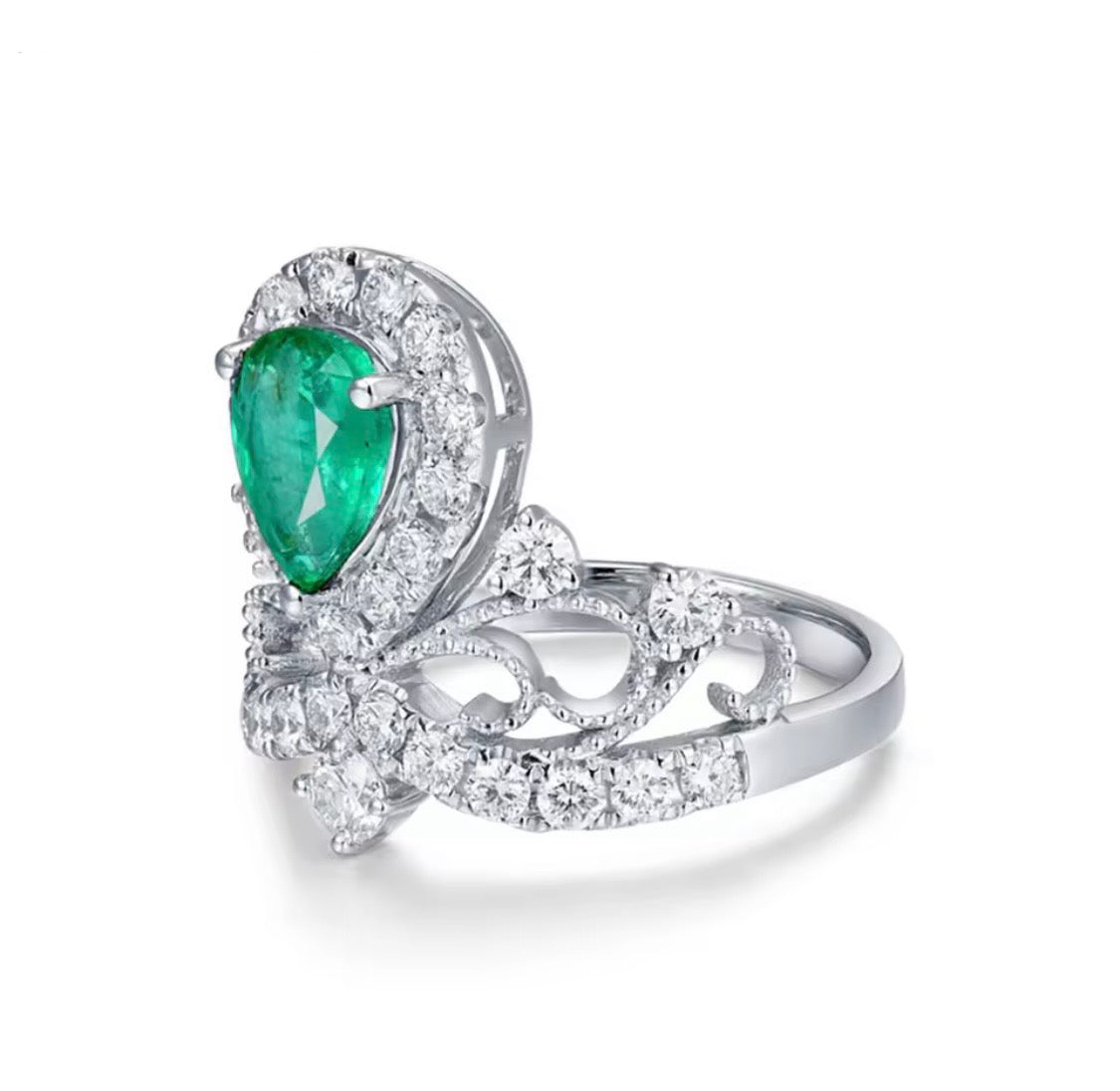 18K white gold emerald diamond ring with pear cut emerald and crown princess halo design