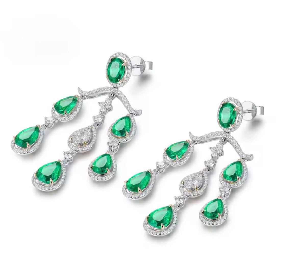 18K gold emerald diamond chandelier earrings with 4.48 carat emeralds and luxury drop design